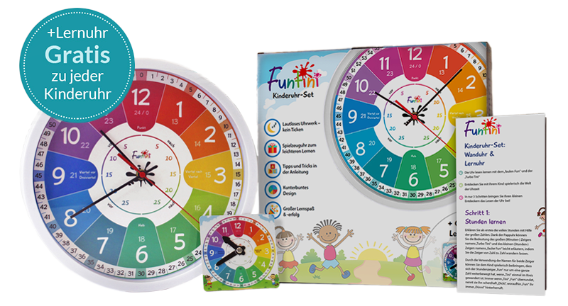 Funtini Kinderuhr-Set ◆ lautlos ◆ Geschenk zur Einschulung Wanduhr Ø30cm mit Spielzeug-Lernuhr zum Uhr lesen lernen Kinderwanduhr groß & bunt für Jungen & Mädchen Geschenk-Idee